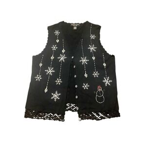 Vtg Hampshire Studio Snow Christmas Sweater Vest XL Snowman Beaded Black Lace‎